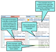 The Differences Editor showing the backup and current files have changes between them. 