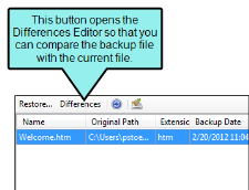 The Backups window pane focusing on the Differences button for file comparison.