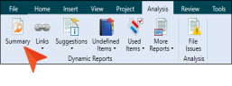 The dynamic reports Summary button available on the Analysis ribbon.