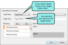 The cross-reference option showing to select a new target frame.