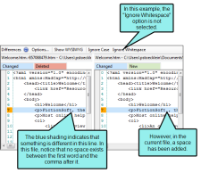 The Differences Editor is not set to ignore whitespace, and highlights odd spacing.