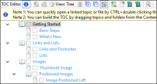 The TOC Editor with topics that contain links, that displays as blue text.
