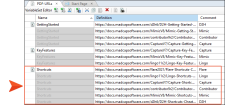 The Variable Set Editor with other variables for PDF URLs that the MadCap Doc Team uses.