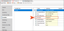 The Target Editor to customize variable definition for a target and product.