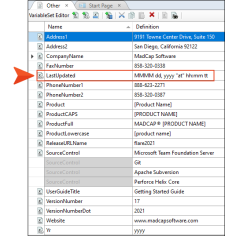 The Variable Set Editor showing a date/time variable that the MadCap Doc Team uses.