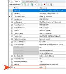 The Variable Set Editor showing a date/time variable that the MadCap Doc Team uses.