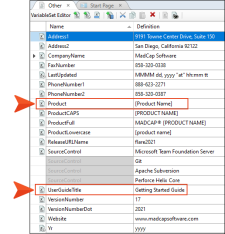 The Variable Set Editor showing random variables that the MadCap Doc Team uses.