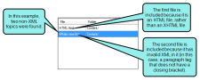 The non-XML topics window pane showing files with invalid XML code.