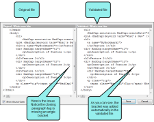 Side-by-side display of original and validated file with XML code.