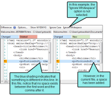 The Differences Editor is not set to ignore whitespace, and highlights odd spacing.