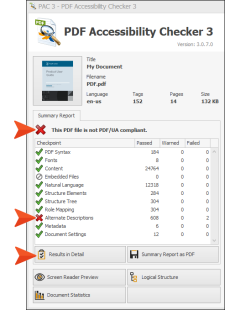 A PDF checker summarizing results; showing that it is not compliant.