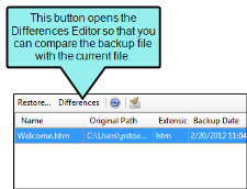 The Backups window pane focusing on the Differences button for file comparison.