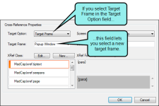 The cross-reference option showing to select a new target frame.