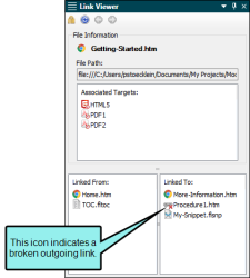 Image of example showing a broken outgoing link in the Link Viewer.