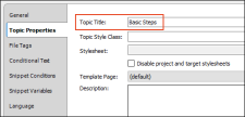 Topic properties showing the topic title tied to the TOC or browse sequence entry text.