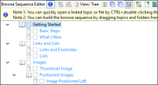 The Browse Sequence Editor with topics that contain links, that displays as blue text.