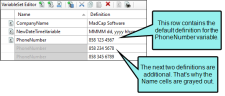 The Variable Set Editor showing multiple definitions for a variable.