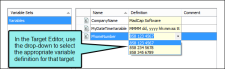 The Target Editor to select a defined variable definition for a target.