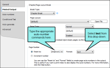 TOC properties showing autonumber commands defined for pages in printed output.