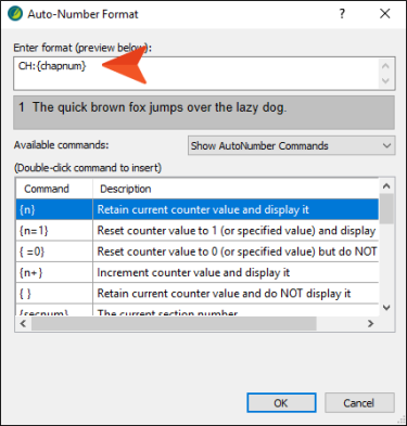 The Autonumber Format dialog with commands to apply different number sequences.