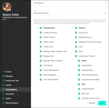 Dialog showing all the options available for user permissions.