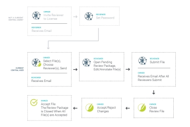 Diagram showing the flow of the review process from Flare to Central and back again.