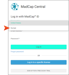Image showing European region selected in the Log In window.