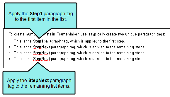 FrameMaker example text requiring two paragraph tags for automatic list numbering.