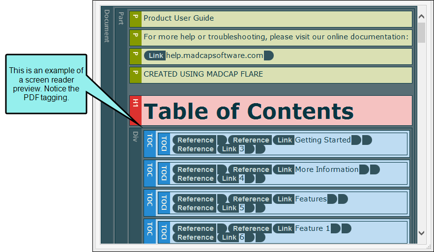 A screen reader preview showing PDF tagging.