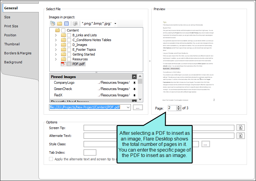 Image showing where you can choose a page number from a PDF to insert it as an image.