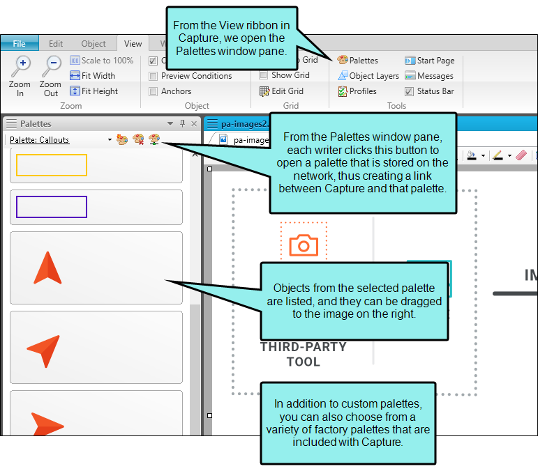 Capture Palettes The Capture interface showing key features for using palettes.