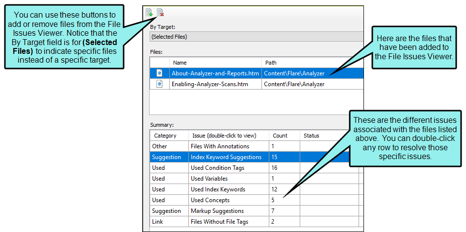 File Issues Viewer Selected files designated to show issues associated with the files.