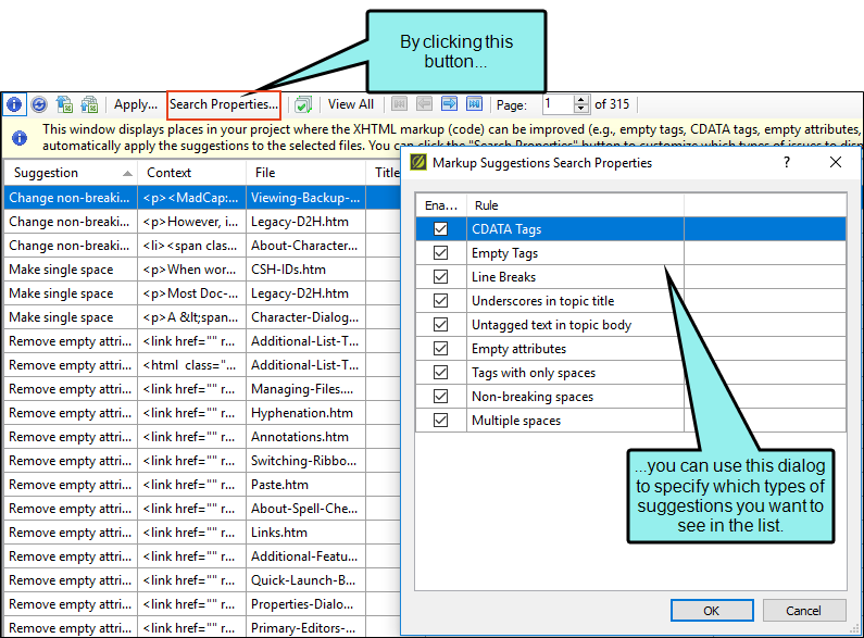 Markup Suggestions Example of types of suggestions in the Markup Suggestions Search Properties.