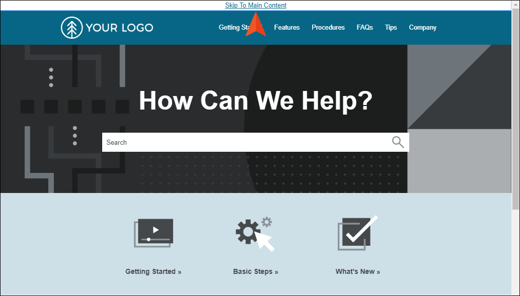 Online Help Landing Page The online Help landing page showing clickable "Skip to Main Content" text.