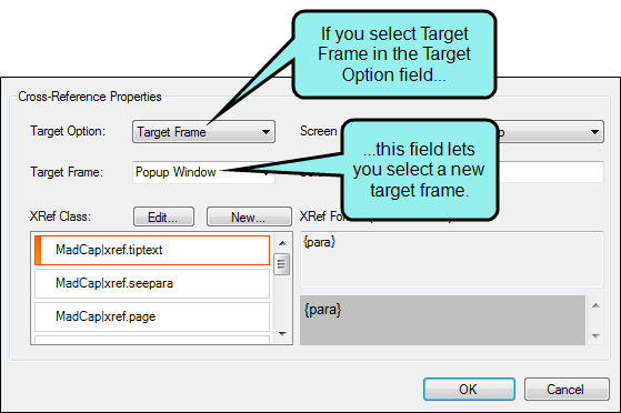 Cross-Reference Properties The cross-reference option showing to select a new target frame.