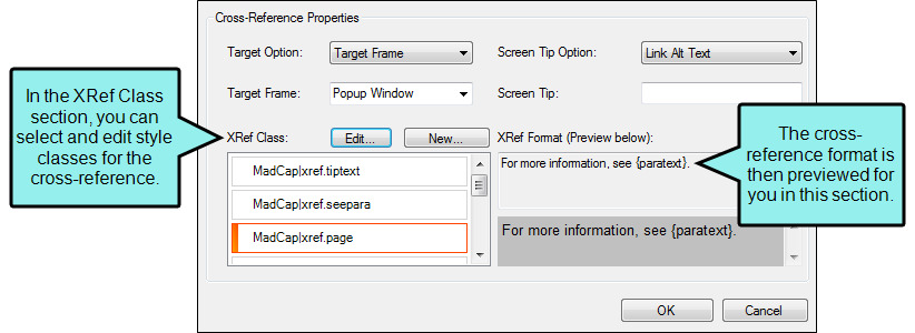 Cross-Reference Properties The cross-reference option to edit the style class for the xref.