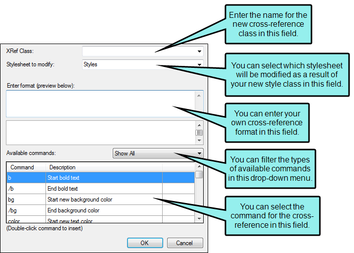 Edit Cross-Reference Dialog for editing the cross-reference style class.
