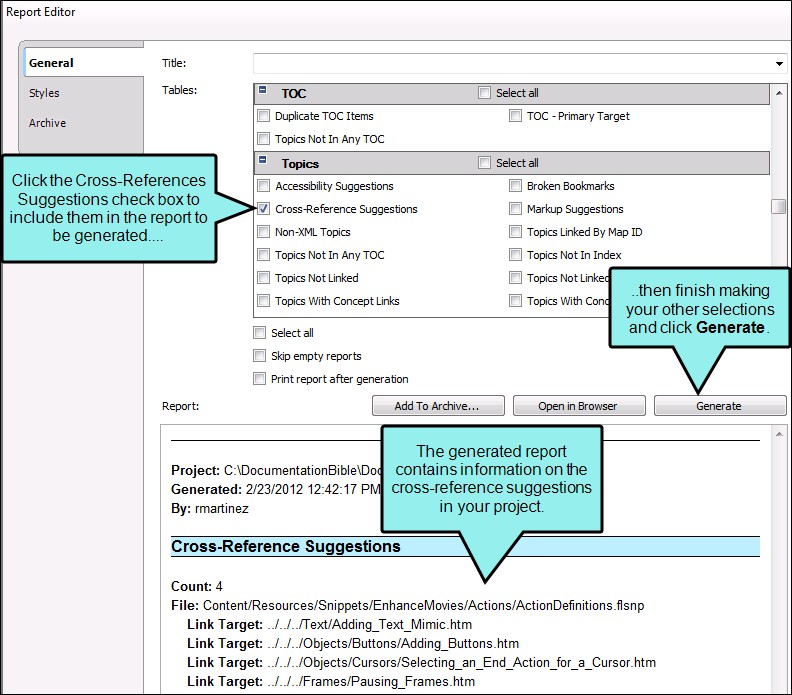 Report Editor The option for a report to include cross-reference suggestions.