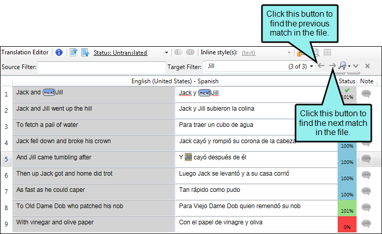 Image showing an example of how to find the next match in a quick find search.