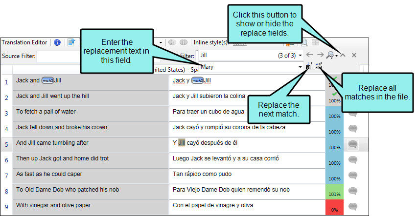 Image showing an example of how to replace text in a quick find search.